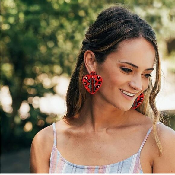 Red and Multicolor Beaded Boho Heart Leopard Print Dangling Post Back Earrings - Picture 7 of 7
